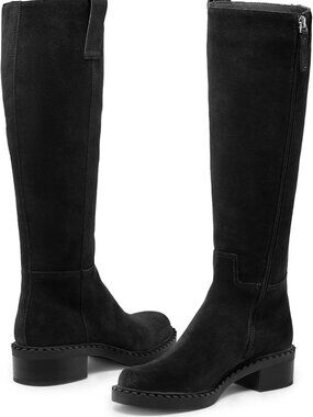 Women Knee High Boots Faux Leather Long Boots Low Chunky Heel Square Toe Side